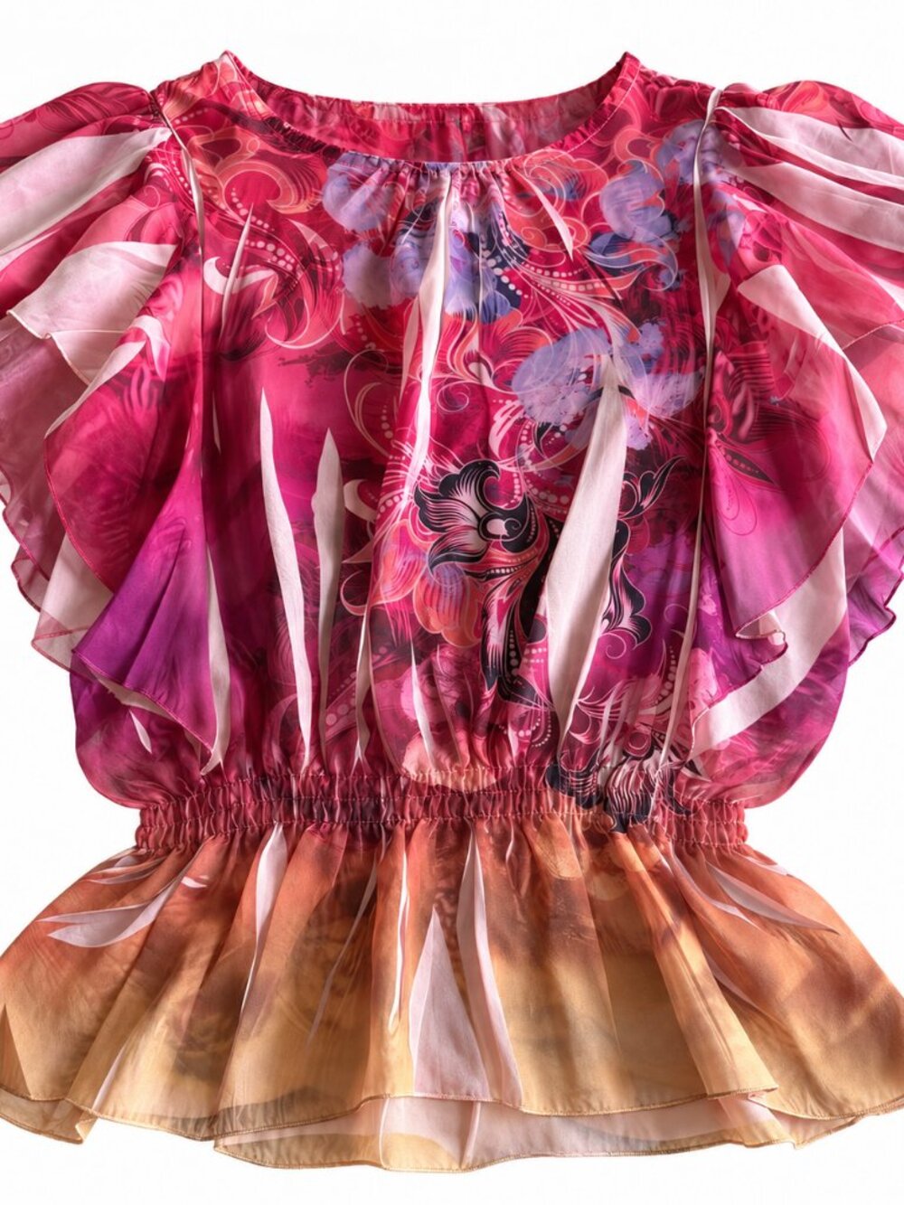 NY Collection Pink Abstract Floral Chiffon Flutter Sleeve Blouse Sz M Boho Fairy